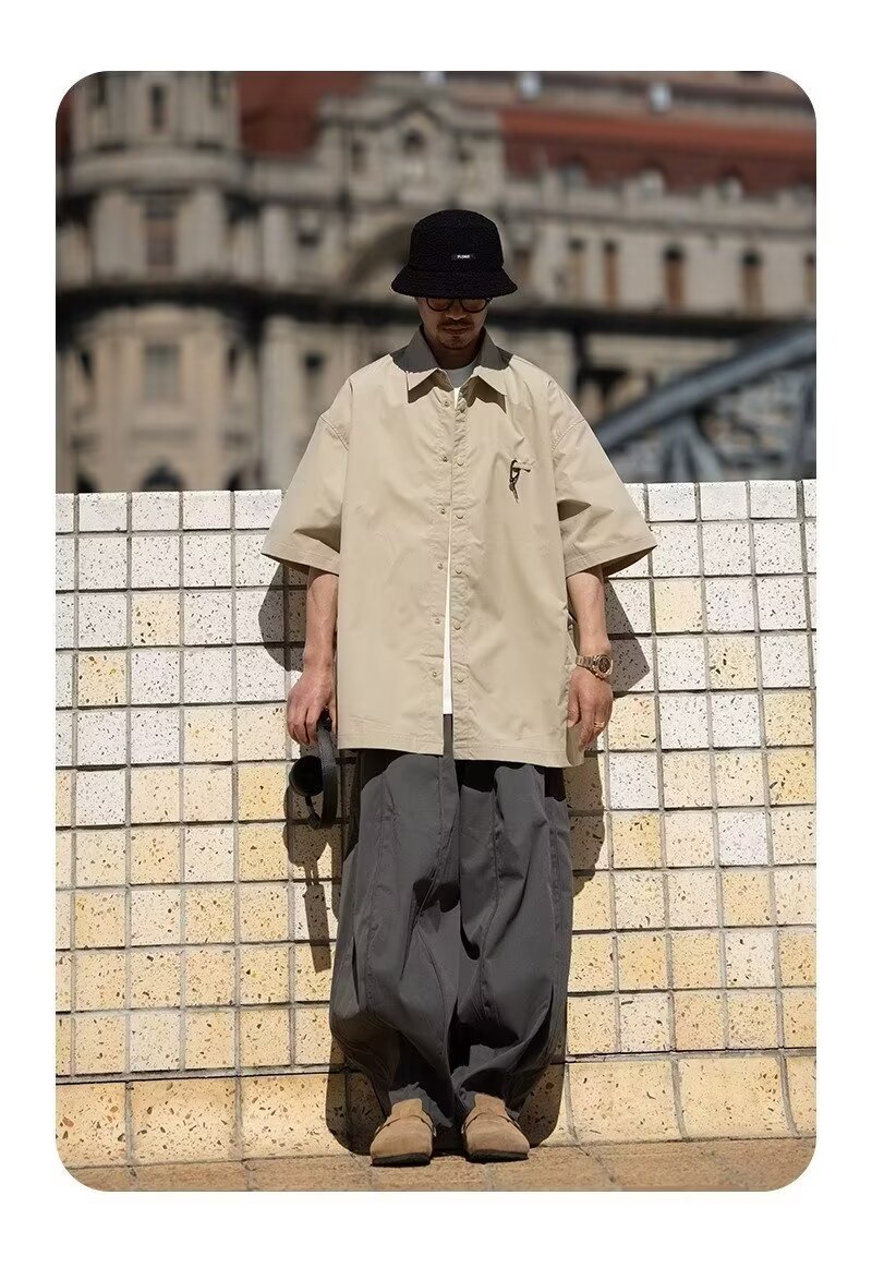 夏季日系翻领大口袋短袖衬衫男士设计感休闲小众上衣美式衬衣潮牌