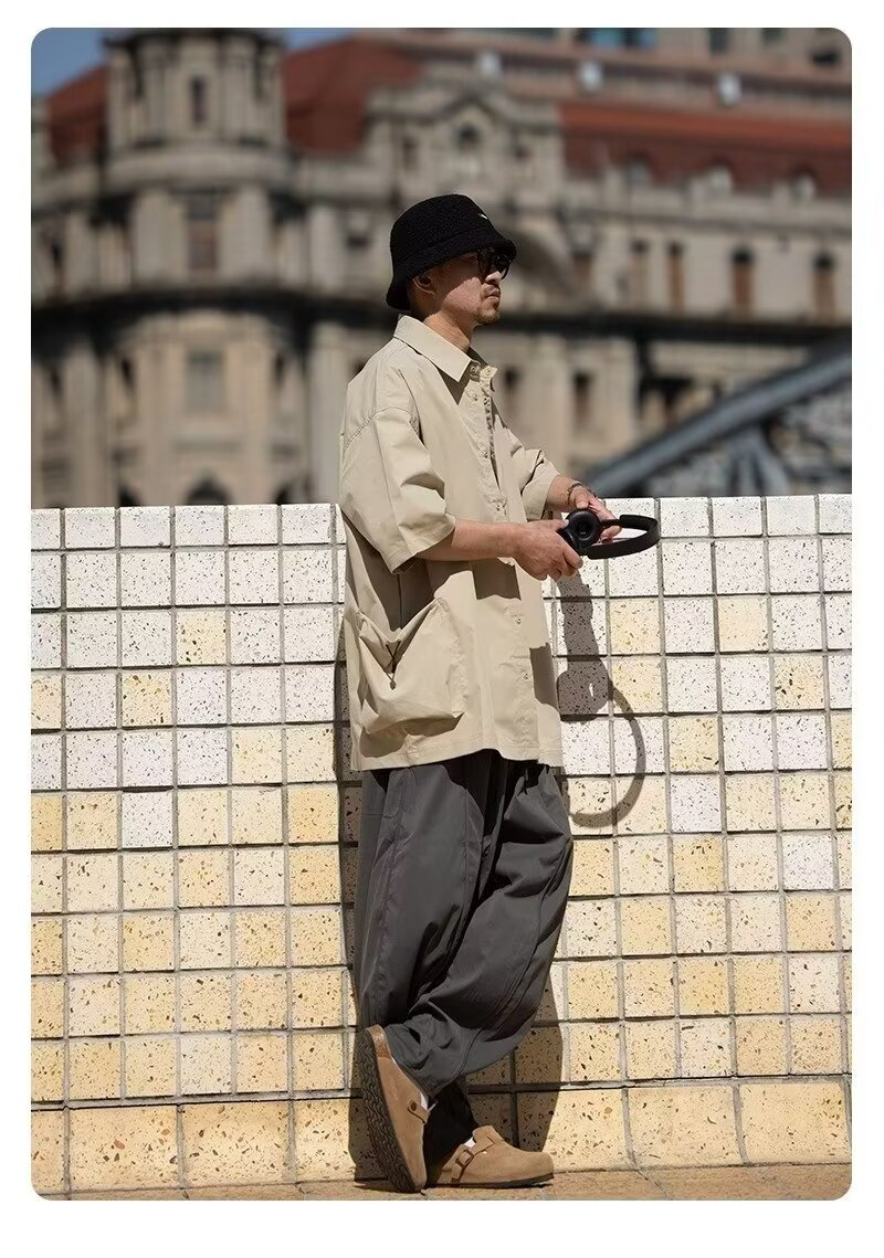 夏季日系翻领大口袋短袖衬衫男士设计感休闲小众上衣美式衬衣潮牌