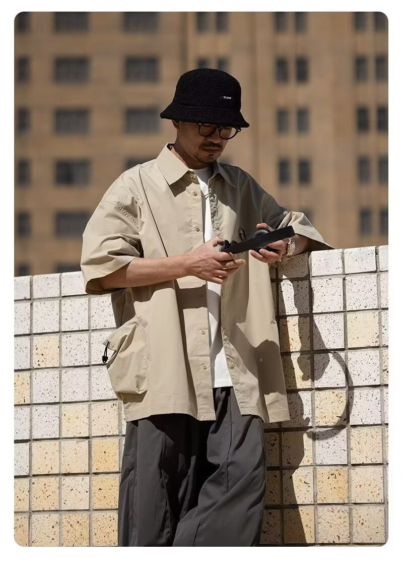 夏季日系翻领大口袋短袖衬衫男士设计感休闲小众上衣美式衬衣潮牌