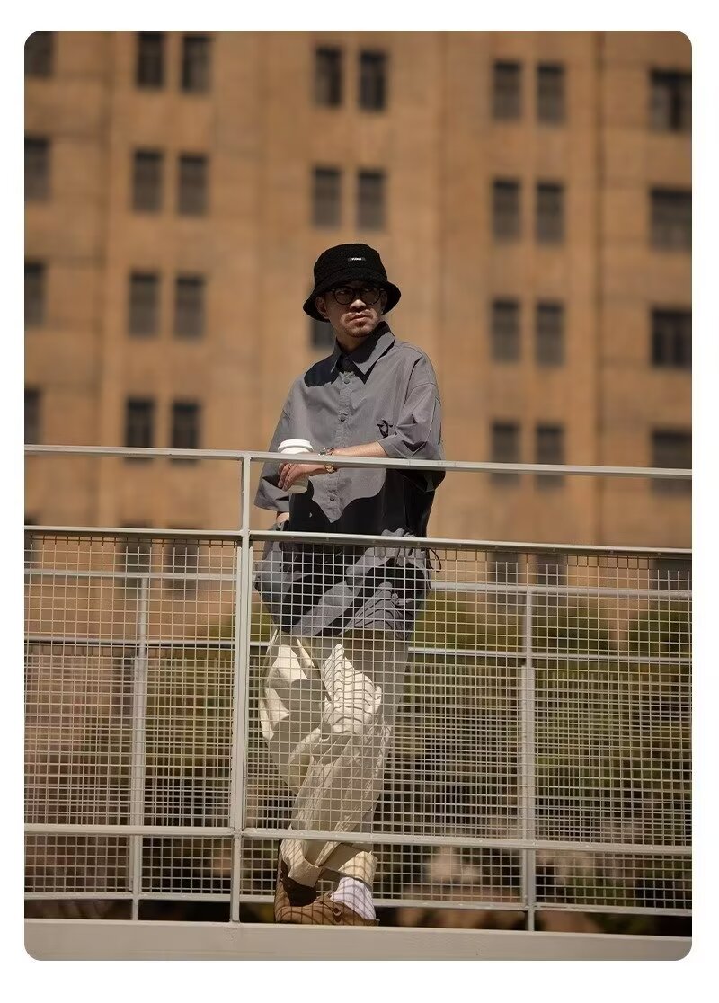 夏季日系翻领大口袋短袖衬衫男士设计感休闲小众上衣美式衬衣潮牌