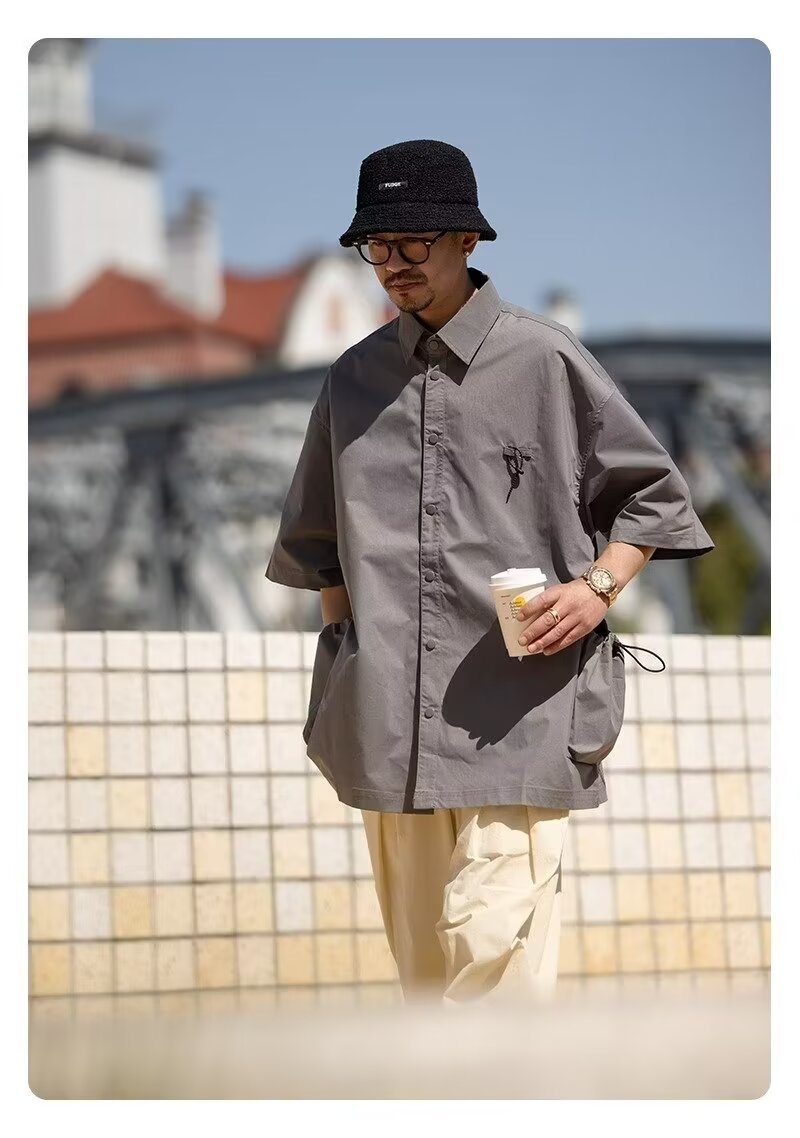 夏季日系翻领大口袋短袖衬衫男士设计感休闲小众上衣美式衬衣潮牌