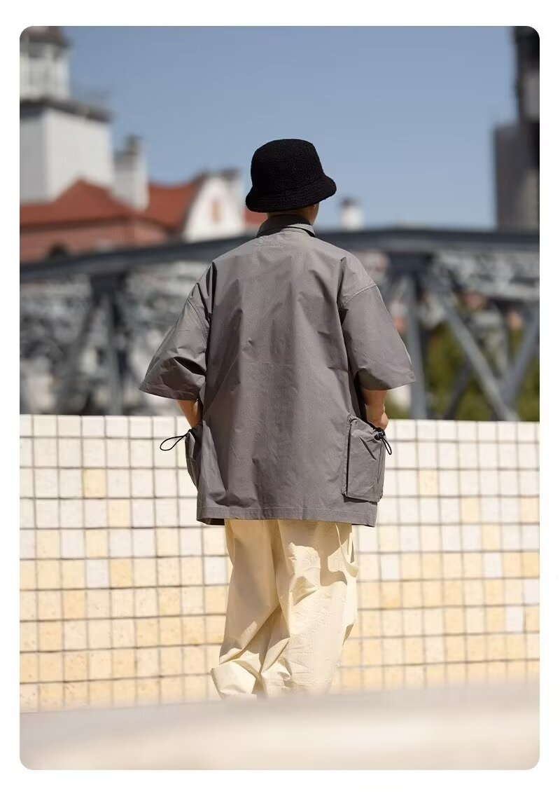 夏季日系翻领大口袋短袖衬衫男士设计感休闲小众上衣美式衬衣潮牌