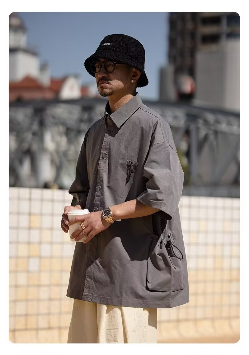 夏季日系翻领大口袋短袖衬衫男士设计感休闲小众上衣美式衬衣潮牌