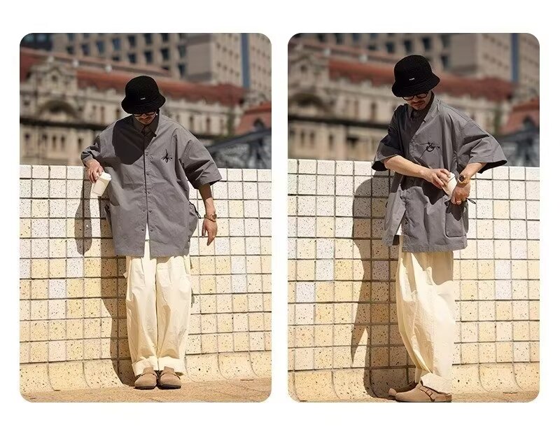 夏季日系翻领大口袋短袖衬衫男士设计感休闲小众上衣美式衬衣潮牌