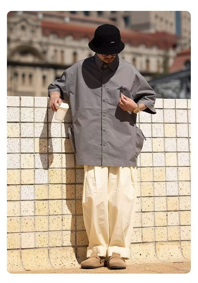 夏季日系翻领大口袋短袖衬衫男士设计感休闲小众上衣美式衬衣潮牌