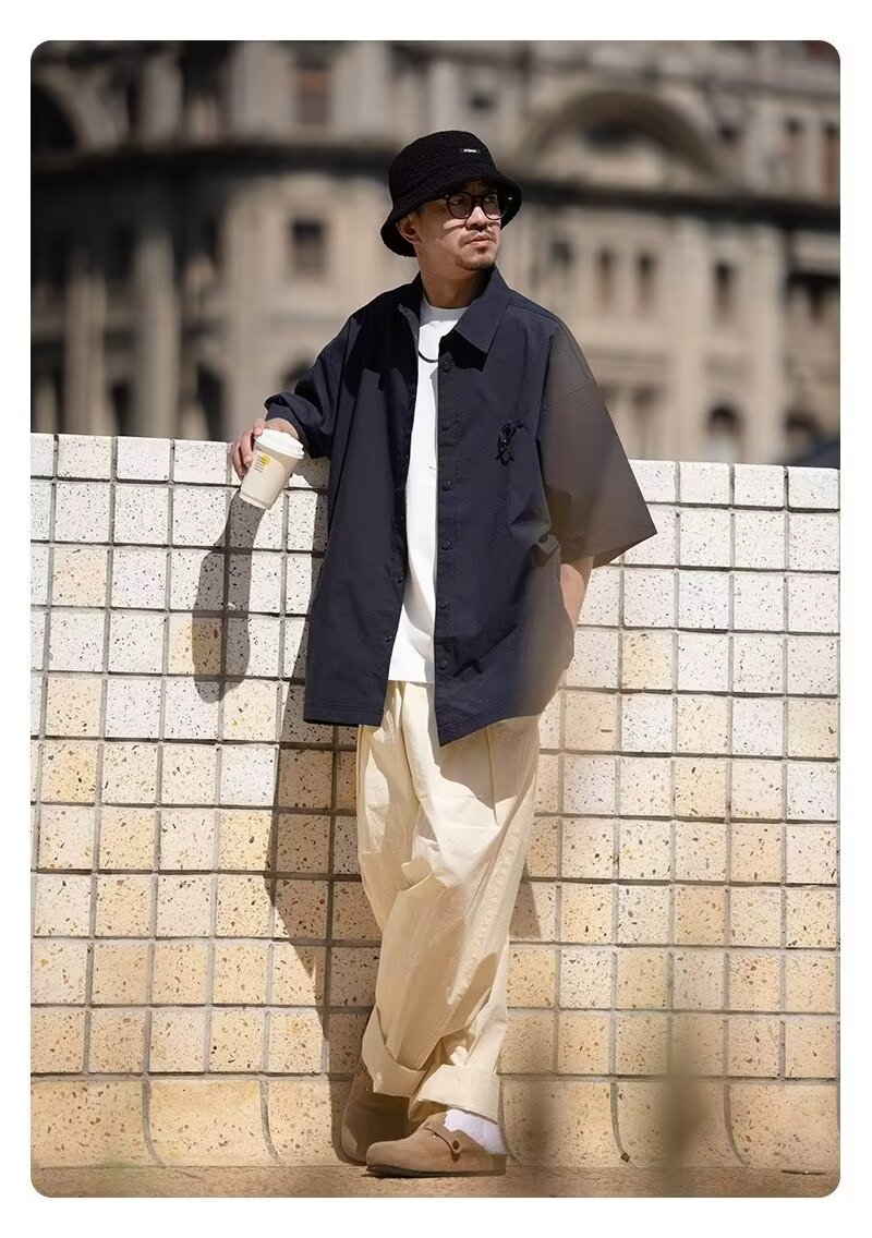 夏季日系翻领大口袋短袖衬衫男士设计感休闲小众上衣美式衬衣潮牌