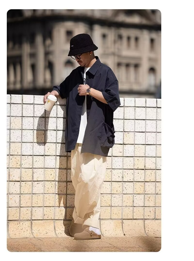 夏季日系翻领大口袋短袖衬衫男士设计感休闲小众上衣美式衬衣潮牌