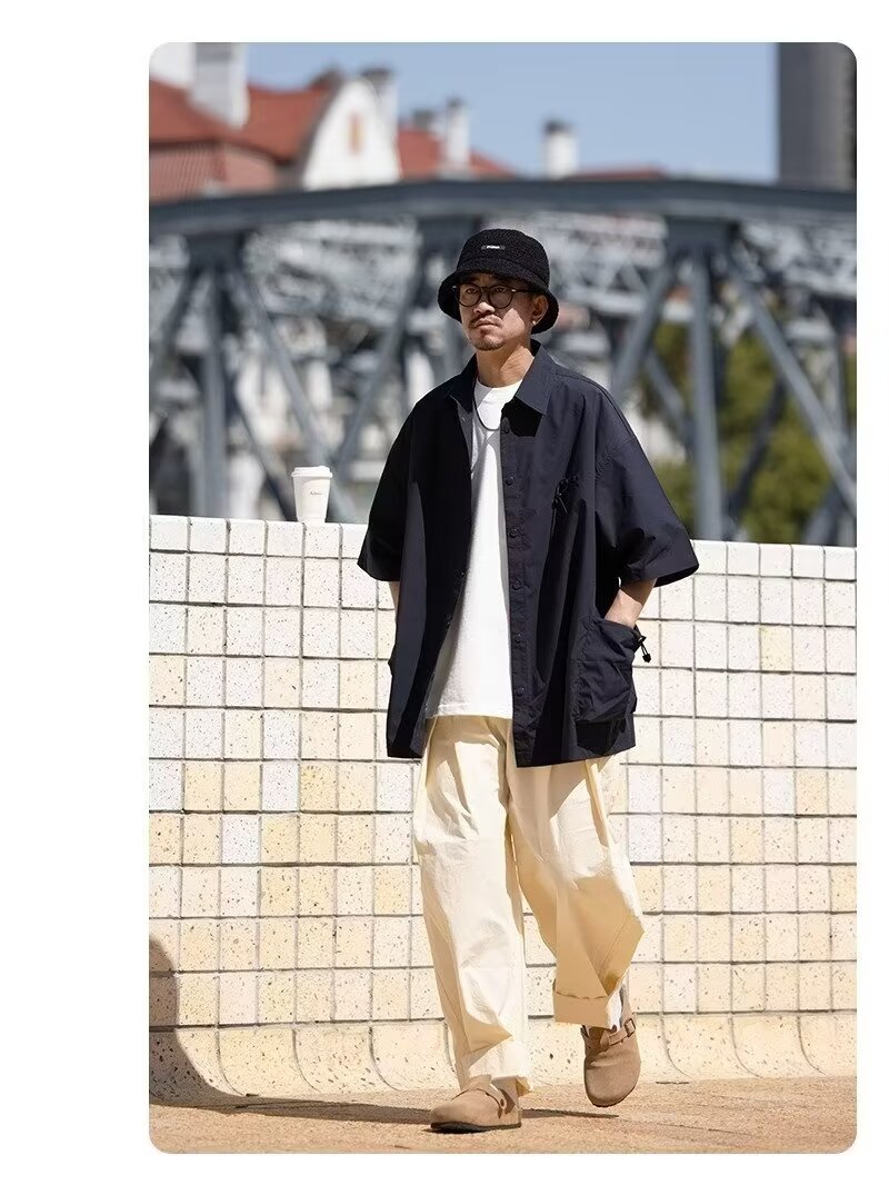 夏季日系翻领大口袋短袖衬衫男士设计感休闲小众上衣美式衬衣潮牌