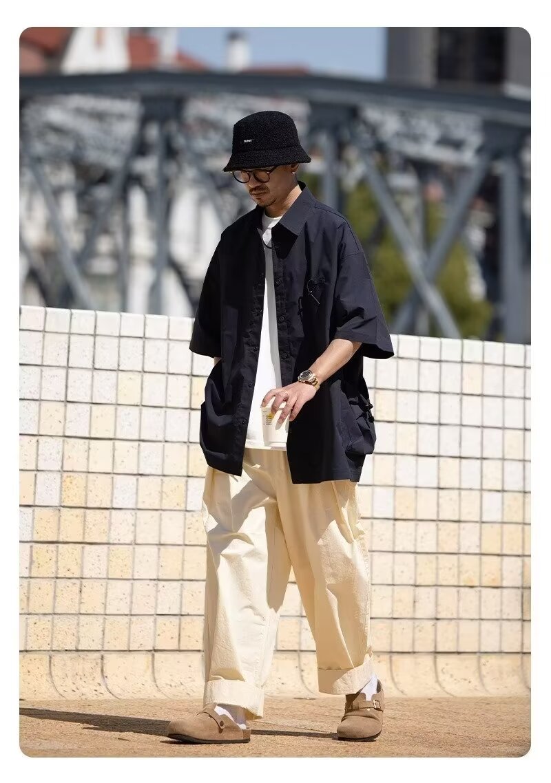 夏季日系翻领大口袋短袖衬衫男士设计感休闲小众上衣美式衬衣潮牌