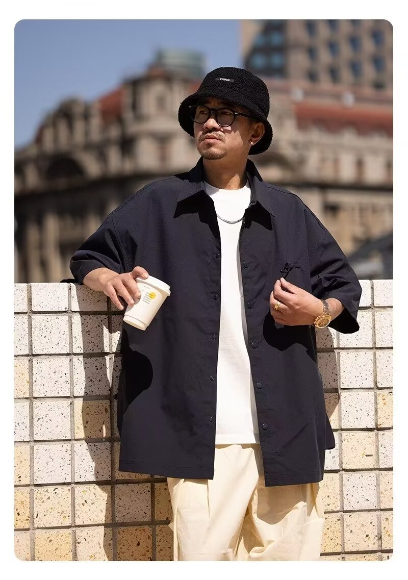 夏季日系翻领大口袋短袖衬衫男士设计感休闲小众上衣美式衬衣潮牌