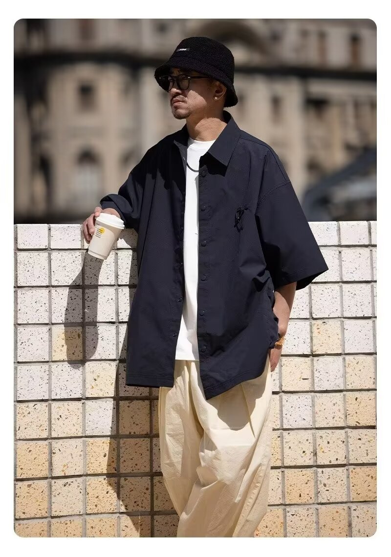 夏季日系翻领大口袋短袖衬衫男士设计感休闲小众上衣美式衬衣潮牌