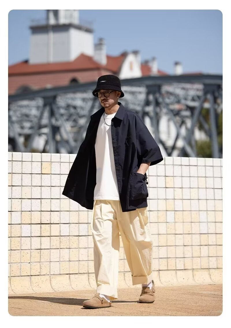 夏季日系翻领大口袋短袖衬衫男士设计感休闲小众上衣美式衬衣潮牌