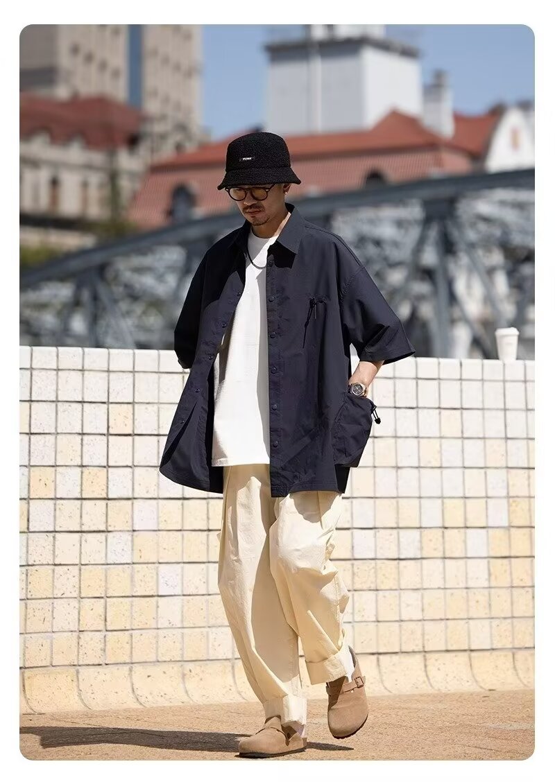 夏季日系翻领大口袋短袖衬衫男士设计感休闲小众上衣美式衬衣潮牌