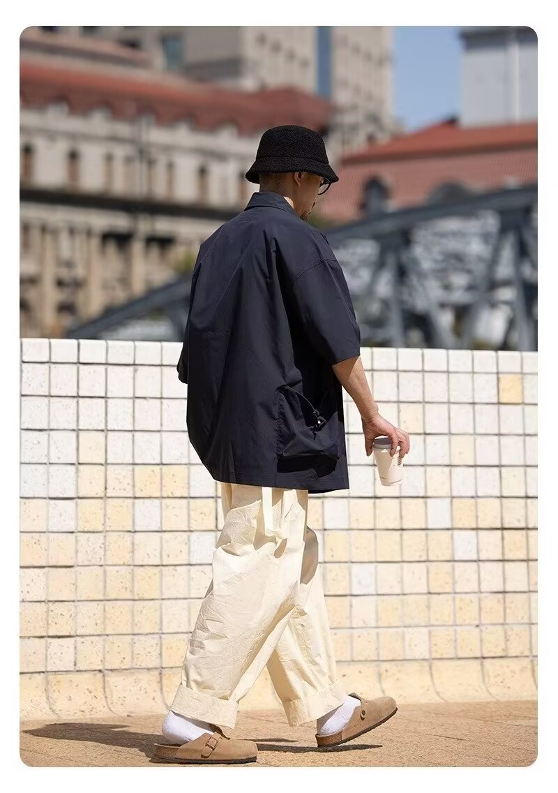 夏季日系翻领大口袋短袖衬衫男士设计感休闲小众上衣美式衬衣潮牌