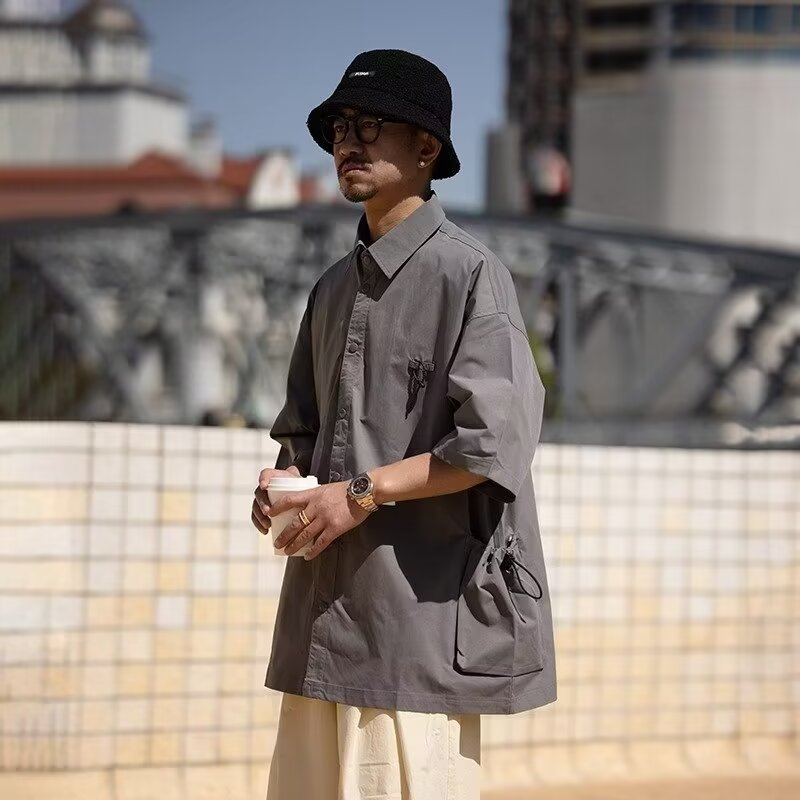 夏季日系翻领大口袋短袖衬衫男士设计感休闲小众上衣美式衬衣潮牌