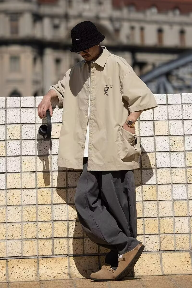 夏季日系翻领大口袋短袖衬衫男士设计感休闲小众上衣美式衬衣潮牌