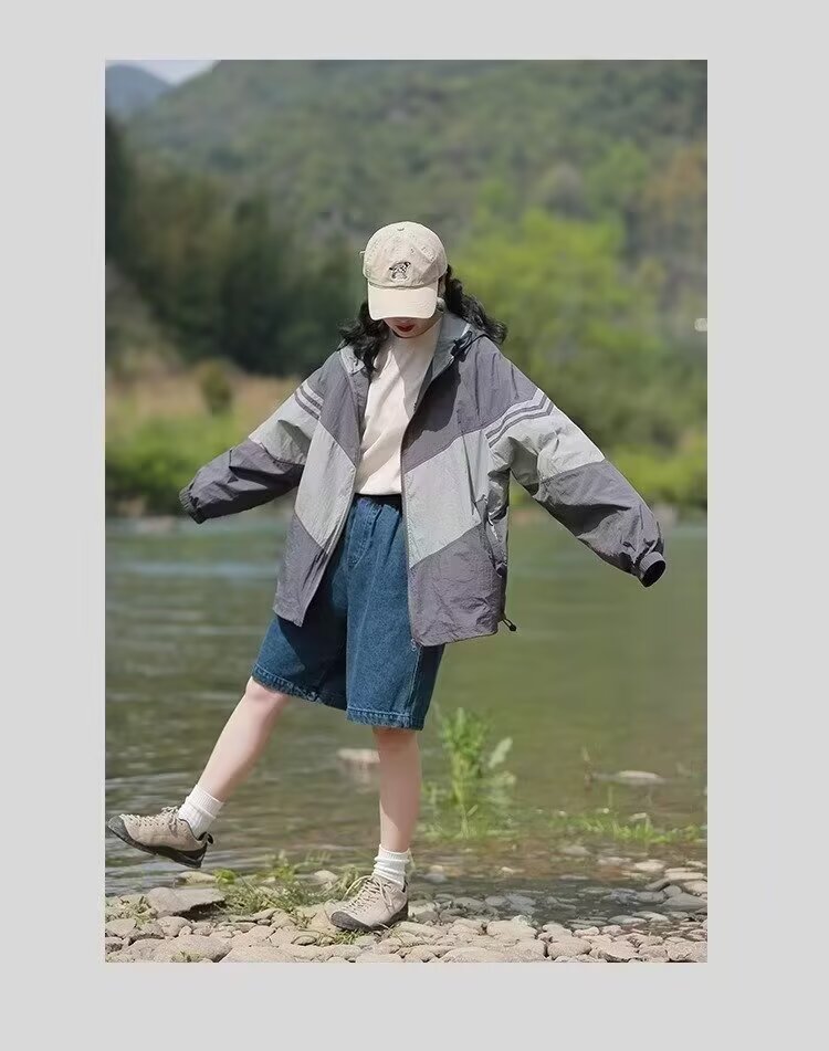 BOYUE Spliced Hooded Sun Protection Jacket Japanese Style Summer Cardigan for Men