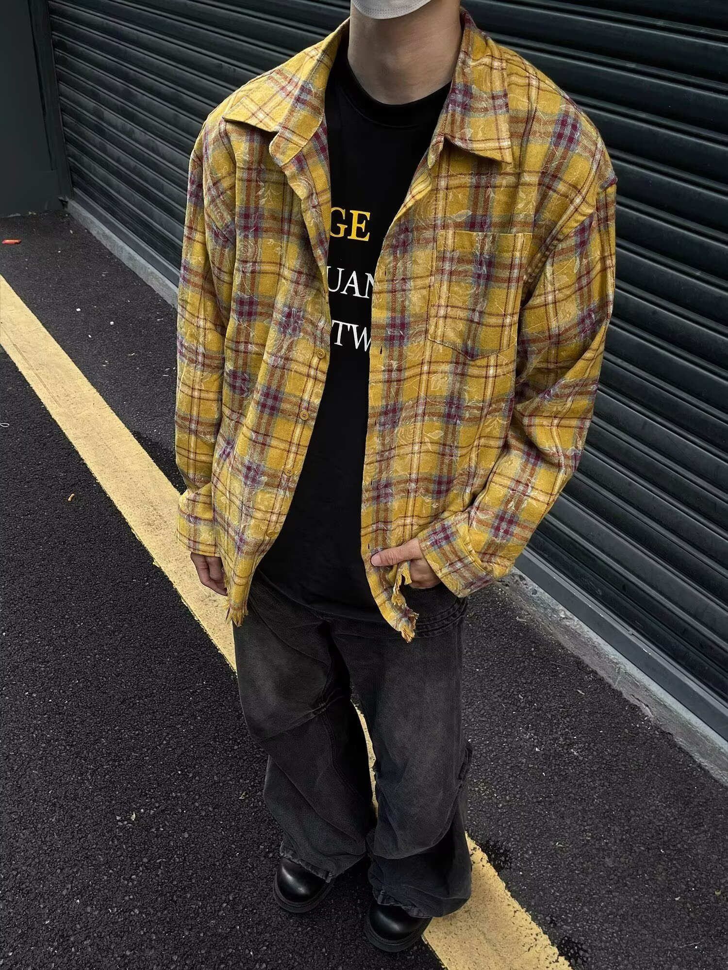 嘻哈潮牌磨毛格子衬衫男女情侣复古休闲宽松格纹长袖衬衣外套
