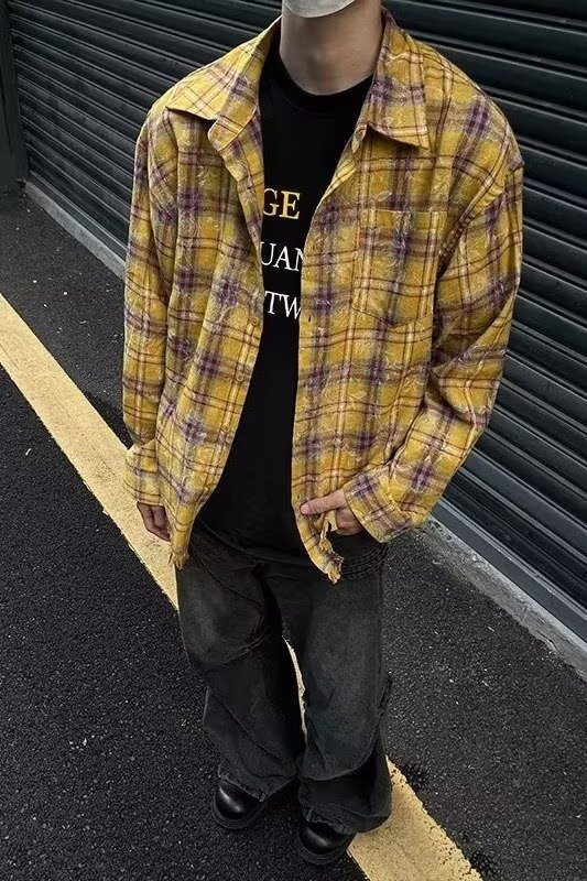嘻哈潮牌磨毛格子衬衫男女情侣复古休闲宽松格纹长袖衬衣外套