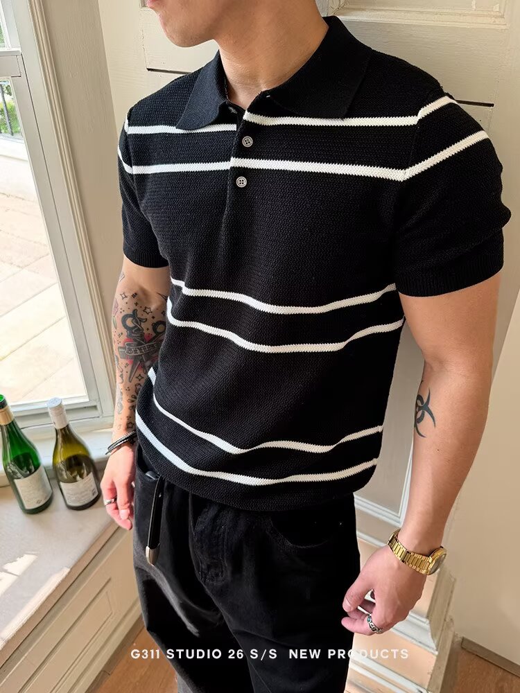 Men's Summer New Cotton Short Sleeve Striped Color-Block Polo Shirt