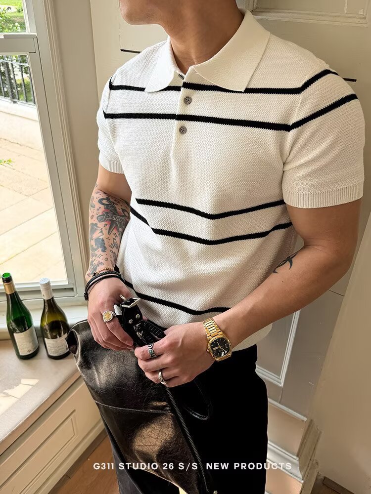 Men's Summer New Cotton Short Sleeve Striped Color-Block Polo Shirt