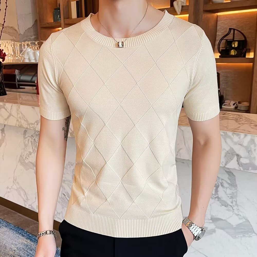 Men's Diamond Pattern Short Sleeve Knit Sweater - Summer Casual Top, Korean Style
