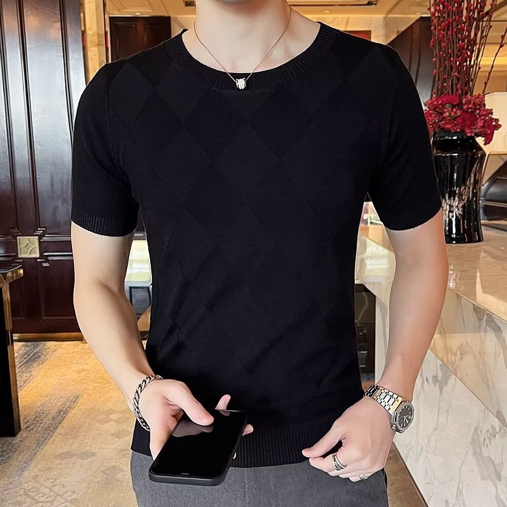 Men's Diamond Pattern Short Sleeve Knit Sweater - Summer Casual Top, Korean Style