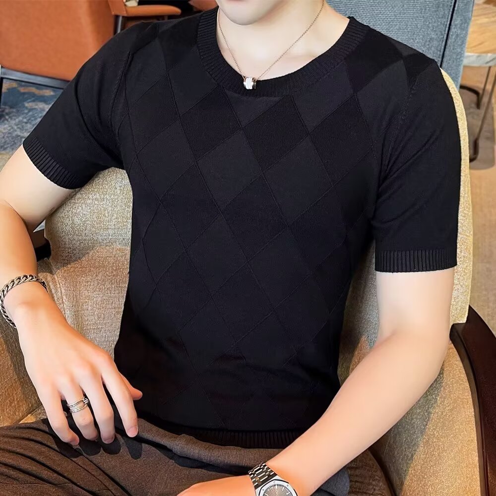菱形格白色短袖毛衣男潮牌冬季内搭半袖针织衫男士韩版修身打底衫