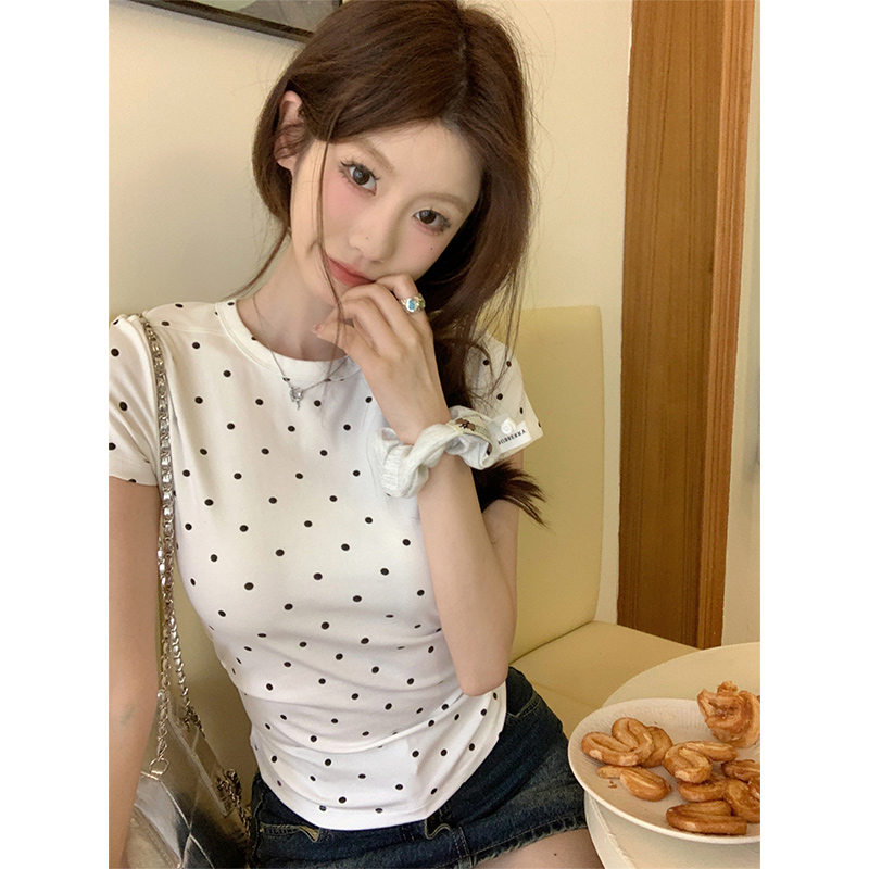 Women's Polka Dot Round Neck T-Shirt - Summer 2025 Slim Fit