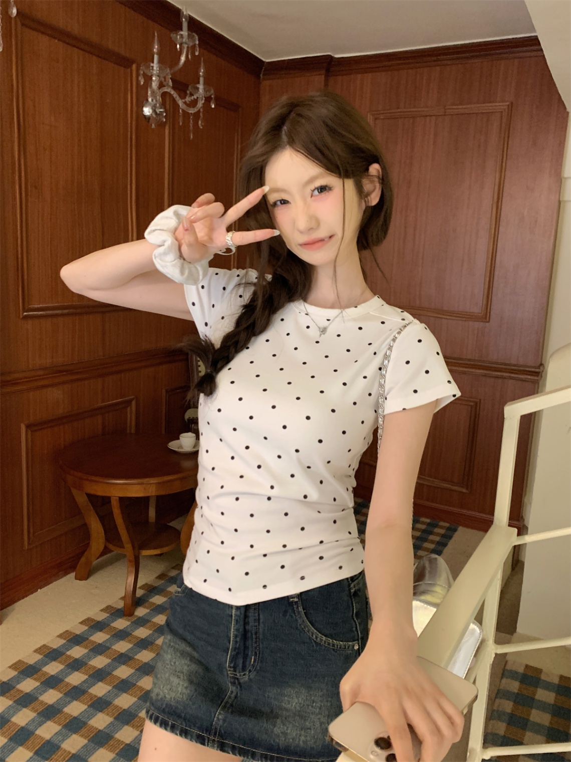 设计感圆领波点T恤女撞色减龄上衣2025夏季新款修身辣妹正肩短袖