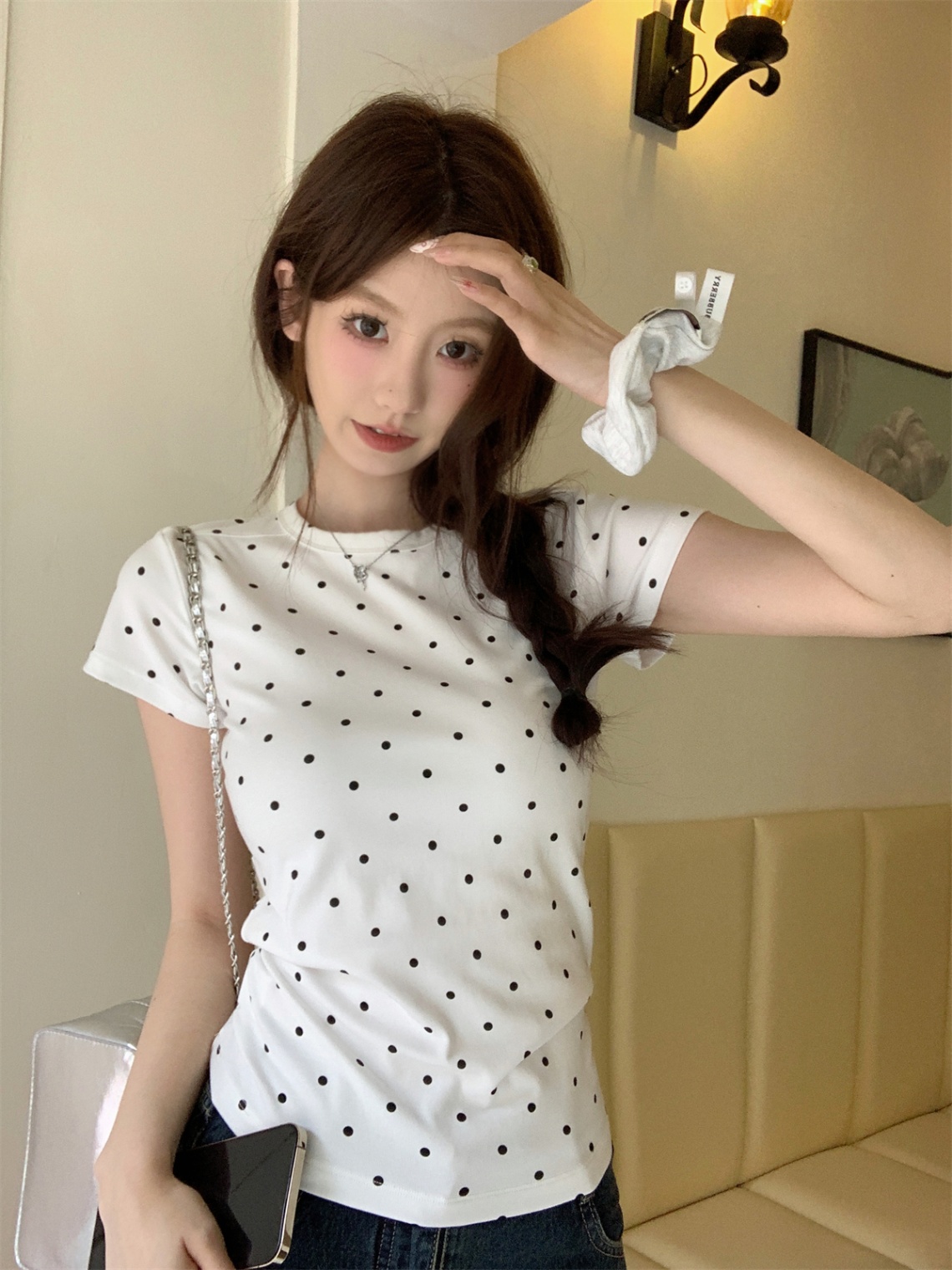 设计感圆领波点T恤女撞色减龄上衣2025夏季新款修身辣妹正肩短袖