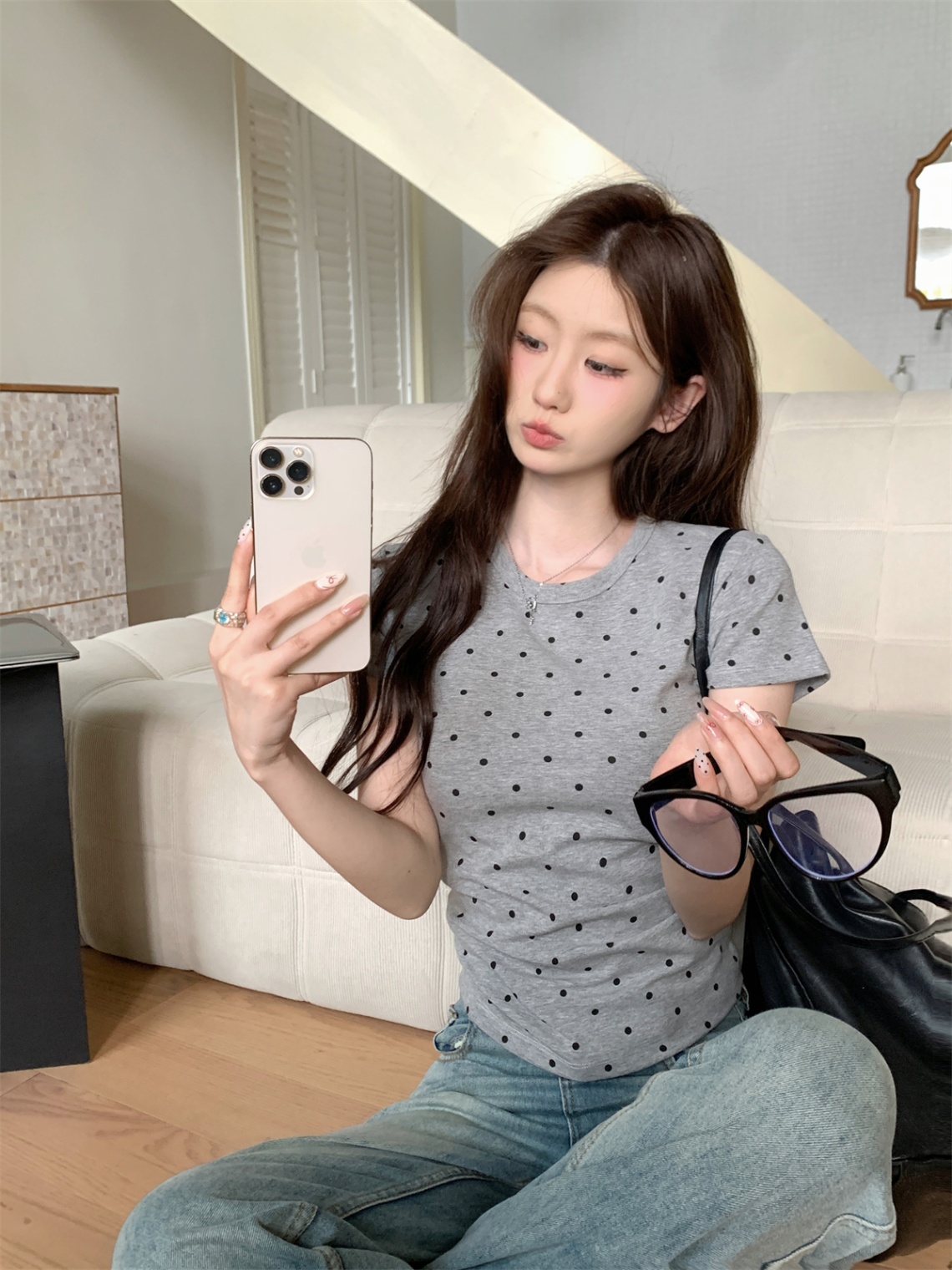 设计感圆领波点T恤女撞色减龄上衣2025夏季新款修身辣妹正肩短袖