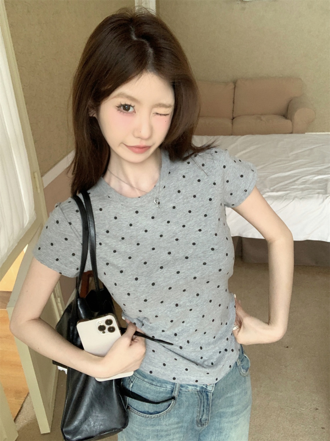 设计感圆领波点T恤女撞色减龄上衣2025夏季新款修身辣妹正肩短袖