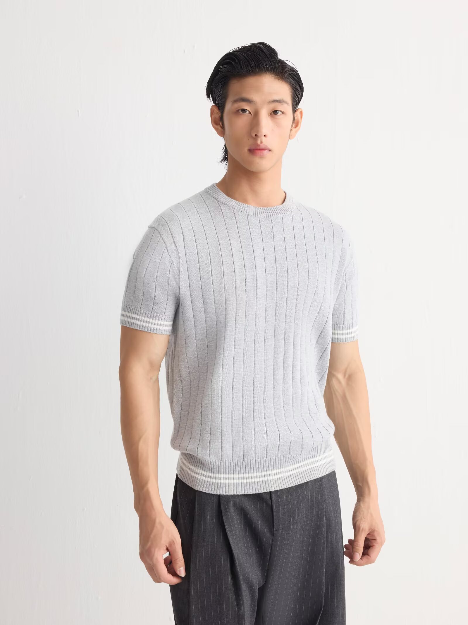 YUXIAN American Vintage Ribbed Combed Cotton Knit Short Sleeve Crew Neck Stripe T-Shirt Spring/Summer