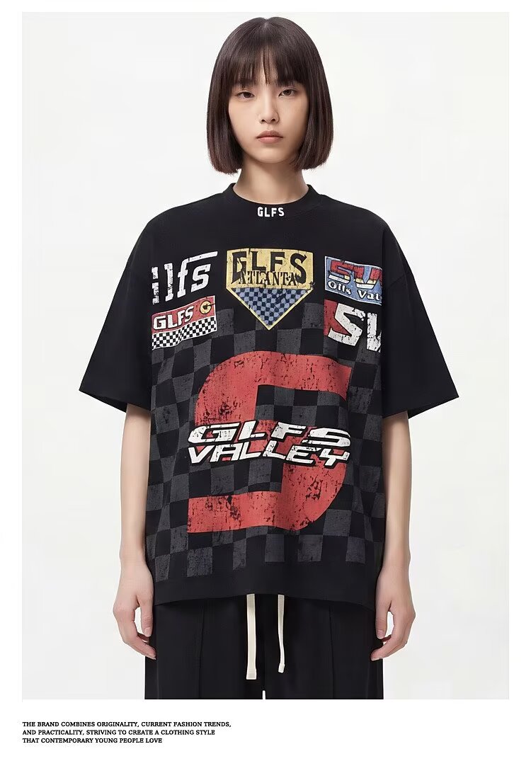 From Mars 聆听歌声 美式趣味满印高街机车风字母印花圆领短袖T恤