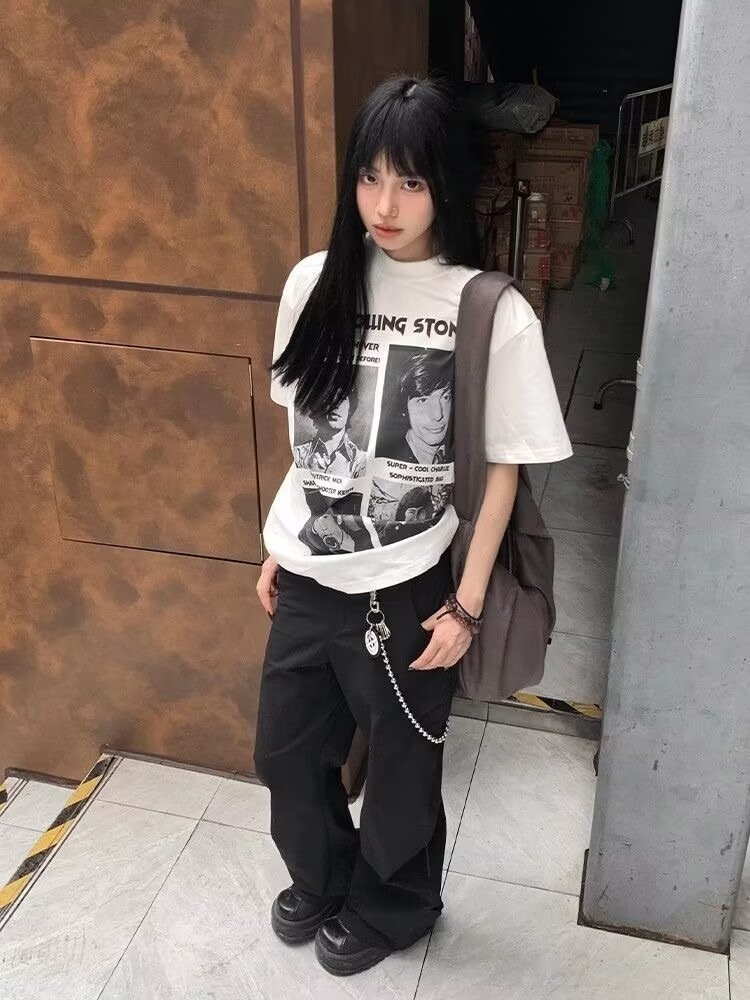人像乐队短袖280g重磅短袖短宽复古印花人像短袖t恤索罗娜冰感